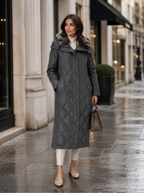 LONDON FOG Women's Gray Faux Fur Hooded Long Quilted Puffer Coat 1X